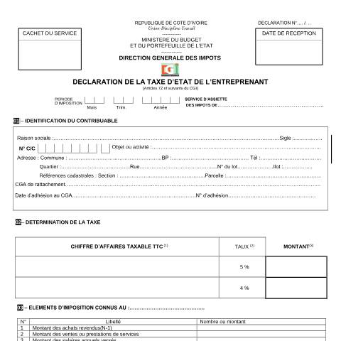 Aperçu du document DECLARATION DE LA TAXE DETAT DENTREPRENANT — Imprimé / Formulaire fiscal, Côte d'Ivoire